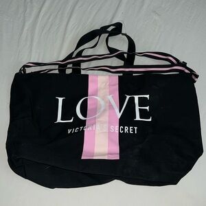 Victoria’s Secret Love Black/Pink Striped Large Tote NWT